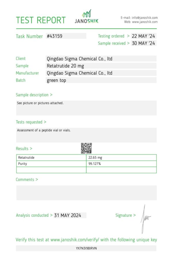 Retatrutide - 20 mg - Qingdao Sigma Chemical - expires 2026 (incl. bac water and syringes) (shipped from Spain) - out of stock - Image 2